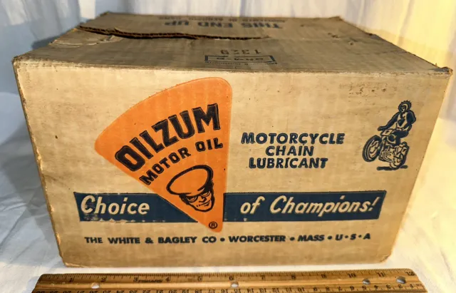 Antique Oilzum Motor Motorcycle Chain Oil Display Box Empty Held 12 Tin Cans Wow