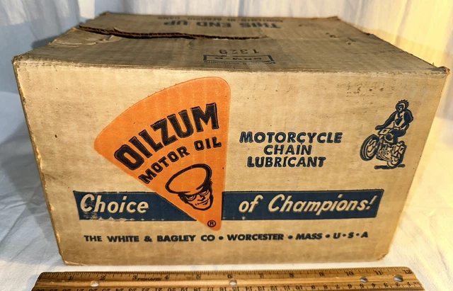 Antique Oilzum Motor Motorcycle Chain Oil Display Box Empty Held 12 Tin Cans Wow Antique Oilzum Motor Motorcycle Chain Oil Display Box Empty Held 12 Tin Cans Wow
