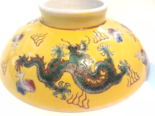 20c Jiangxi Jingdezhen Chinese Porcelain Bowl Rich Yellow Enamels 5 Toed Dragon