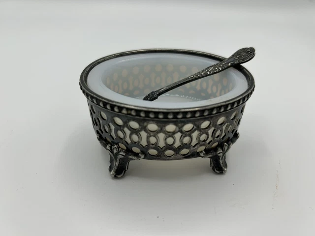 Sterling Silver 1847 Rogers Bros 925 & Milk Glass Lined Salt Cellar #4