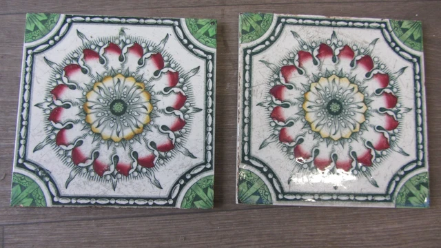 Antique Victorian 2 x Fireplace Tiles Floral Design Transfer print
