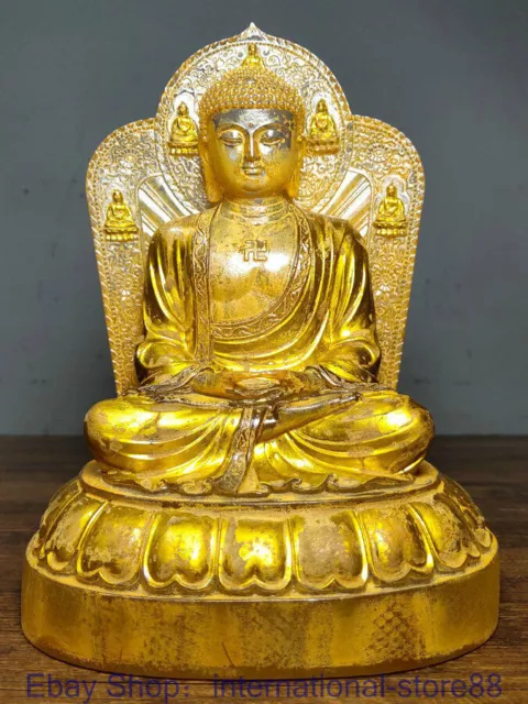 8.6" Old Chinese Crystal Gilt Feng Shui Seat Shakyamuni Amitabha Buddha Statue