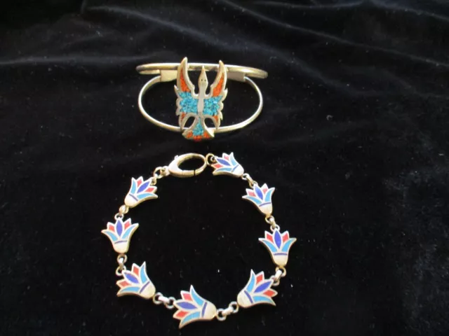 2 Chip Inlay Turquoise and Coral Native American Bracelets, Cuff Phoenix