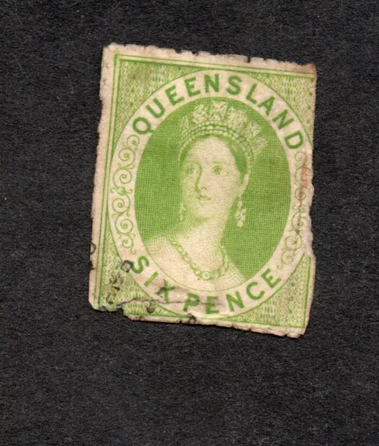 1863 Queensland Six Pence stamp 6d Apple-green, no wmk Thick Toned Paper. SG26