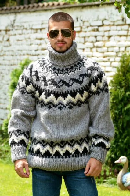 Gray Icelandic Wool Sweater Hand Knitted Jumper Turtleneck Norwegian Pullover