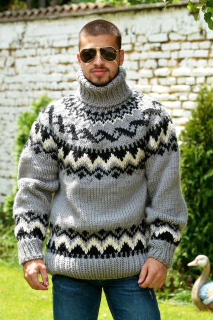 GRAY ICELANDIC WOOL Sweater Hand Knitted Jumper Turtleneck Norwegian ...