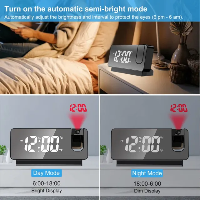 Digital Smart Projection Alarm Clock Snooze Dimmer Ceiling Projector LCD Display 2