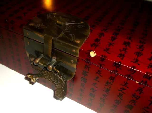 Oriental Design Red Maroon Lacquered Koi Fish Brass Key Lock Box 14" Keepsake