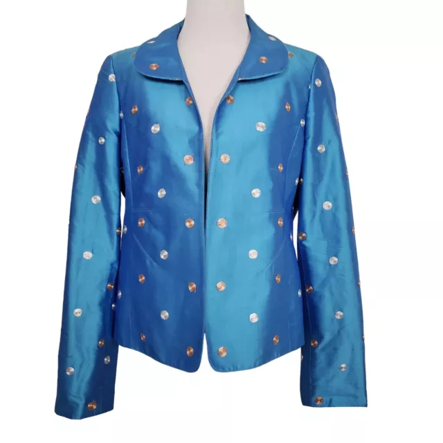 Nina McLemore Silk Blazer Embroidered Coin Open Jacket Blue Lined Womens Size 8