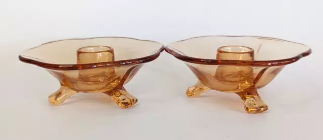 Vintage Fostoria Amber 3 Footed Taper Candle Holder Set of 2