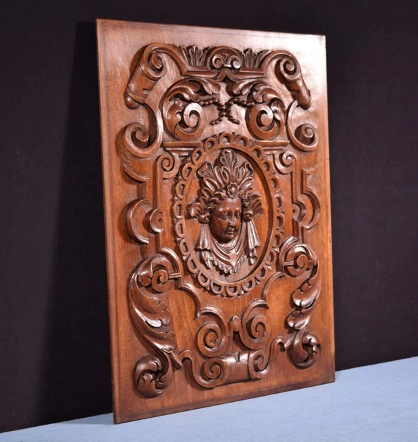 *French Antique Hand Carved Architectural Door Panel Walnut Wood with Face 3