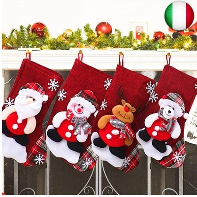 Boseago 4 Pezzi Calze Natalizie da Appendere B Calze Camino Natale in Lino Decorazione Grande Calza Natalizia per Camino Albero di Natale Sacchetti Regalo 