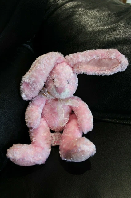 Doudou peluche lapin rose et blanc SORBET RUSS écharpe satin brillant TBE 22 cm