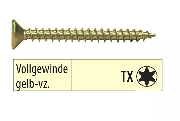 Spanplattenschrauben mit Vollgewinde gelb verzinkt Torx mit Senkkopf TX
