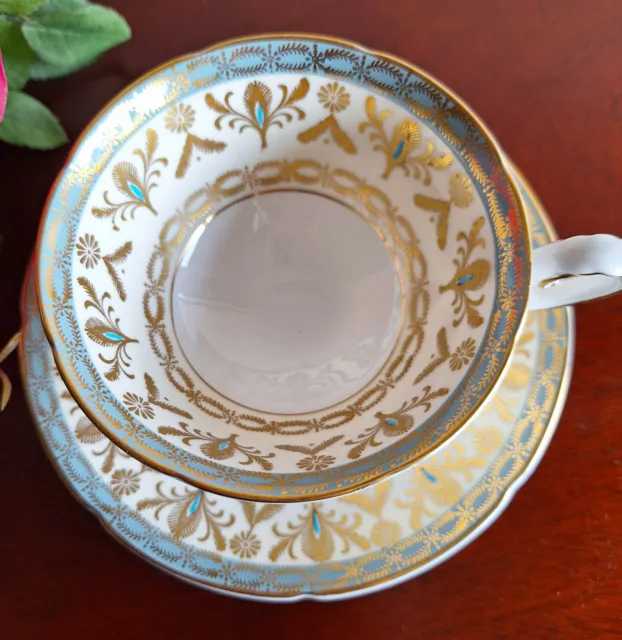 Vintage Royal Grafton Tea Cup and Saucer Gold  Design Aqua beaded Bone China  UK