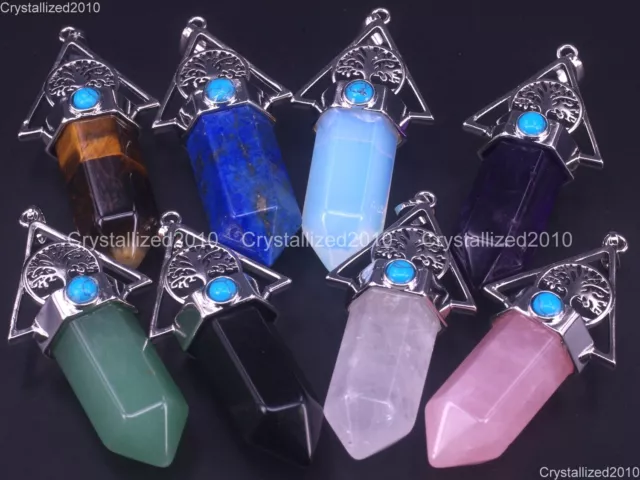 Natural Gemstone Life Tree Hexagonal Pointed Reiki Chakra Healing Pendant Beads 2