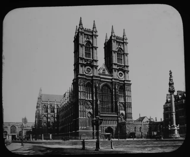 Magic Lantern Rutsche AUSSEN VORNEANSICHT VON WESTMINSTER ABBEY C1890 FOTO LONDON