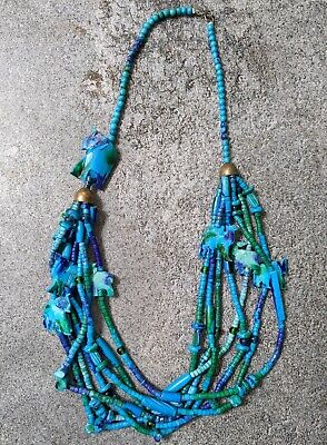 VTG Safari Necklace Carved Multi-strand Blue Dyed Animal Elephant Etc Turquoise