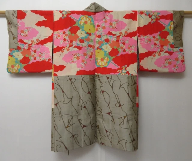 0518T04z360 Japanese Kimono Silk MEISEN HAORI Light gray