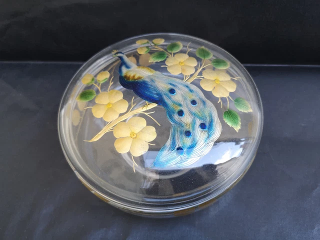 Joli coffret boite début XXe décor irisé et dorure  Paon diamètre 18 cms