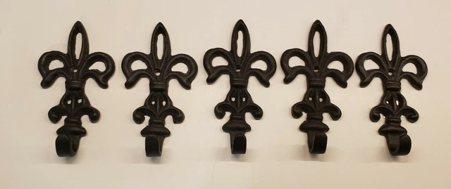 5 Vintage Cast Iron Fleur De Lis Hooks Wall Hanger Decor Coat Hanger Keys Black