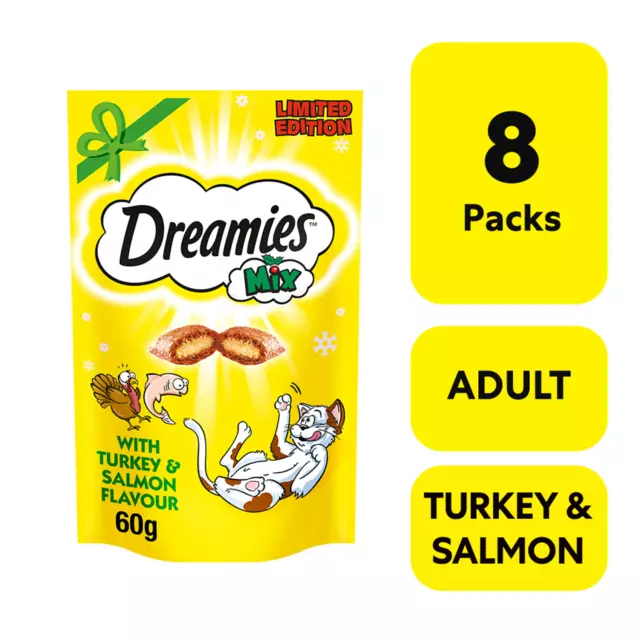 8 x 60g Dreamies Mix Adult Cat Treats with Salmon and Turkey Cat Biscuits 480g