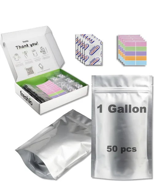 50pcs 1 Gallon Mylar Bags for Food Storage with Oxygen Absorbers 400CC 6 Pack...