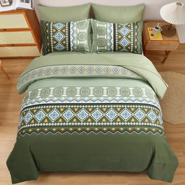 Green Boho Comforter Set Queen Size 7 Pieces Bed in a Bag Olive Green...