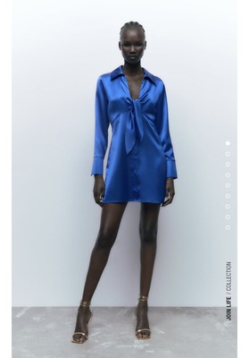 Zara Satin Dress With Tie Detail Cobalt Blue Size S