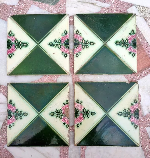 4Pc Vintage Majolica Decorative Flower Art Nouveau Architecture Tiles,England