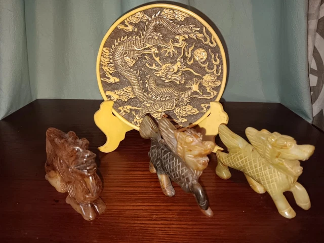 Chinese Natural Hetian Jade Carved Dragon Statues & Handmade Dragon Plate