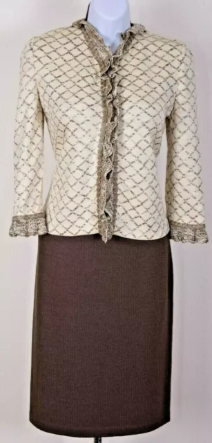 ST.JOHN Women Suit Knit Cream Brown Ruffle Trim Jacket & Brown Skirt Sz 6