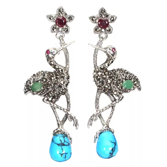 Stabilisé Poire Turquoise Émeraude Marcassite Rubis 925 Argent Sterling Boucles