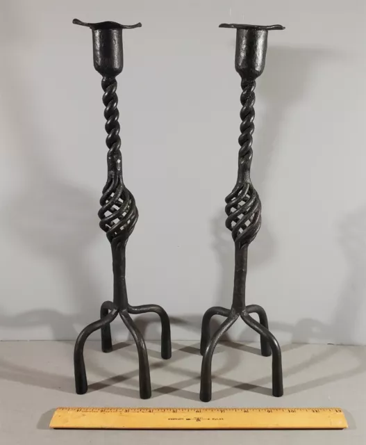 Primitive Style Pair Of Hand Forged Iron Candlestick Holders, Spiral Accents