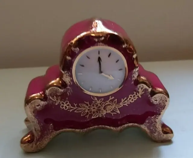 Vintage Limoges Baroque Miniature Maroon Red Mantle Clock Veritable Porcelain OR