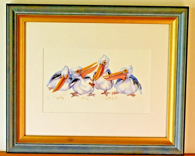 Lynn Naismith "Australian Pelicans" Framed Quality Art Print, Single Mat & Glass