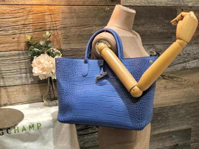 Auth Rare Limited Longchamp Croc Embossed Leather Blue Tote Bag