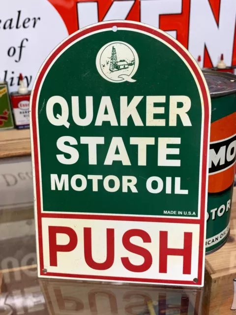 "QUAKER STATE MOTOR OIL" METAL DOOR PUSH SIGN (8"x 5") NICE (UNUSED) CONDITION