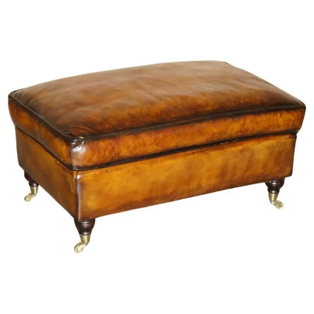 Feather Filled Restored Hand Dyed Brown Leather Ottoman Footstool Part Of Suite