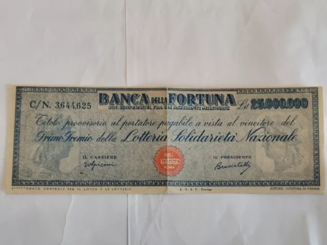 LOTTERIA SOLIDARIETA´ NAZIONALE ANNI 50 Lire 100 - BANCA DELLA FORTUNA