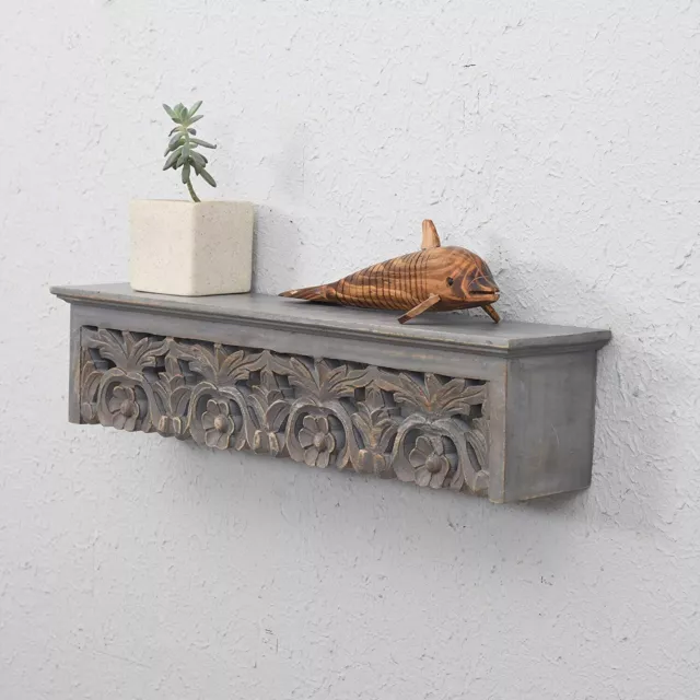 Hand Carved Solid Wood Floral Design Wall Mounted Wall Shelf Brackets Gray