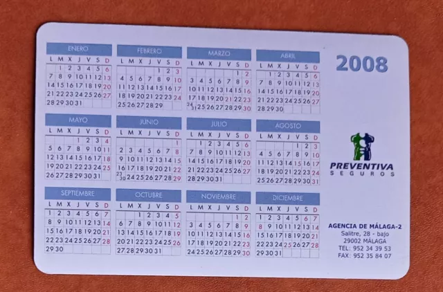 Calendario de bolsillo,pocket calendar Seguros, PREVENTIVA.  Espanha 2008 2