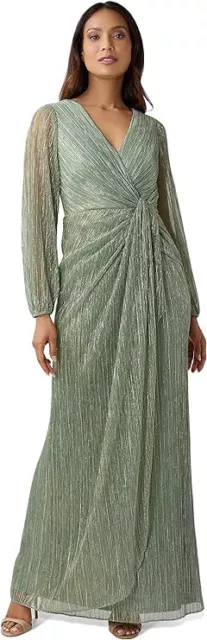 Adrianna Papell Women's Metallic Mesh Draped Gown, Green Slate, 8