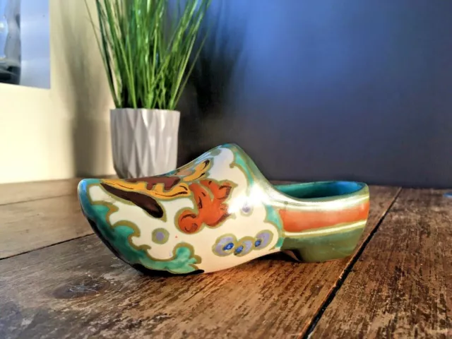 Gouda Art Royal Pottery Zuid Floral Hand Painted Clog Shoe Dutch Holland Nouveau