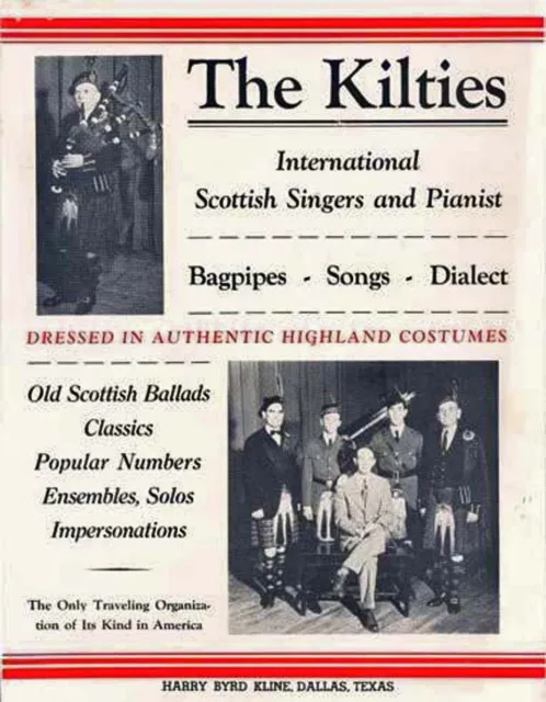1940 Adv FLYER Poster THE KILTIES bagpipes SCOTTISH songs singers pianist piano