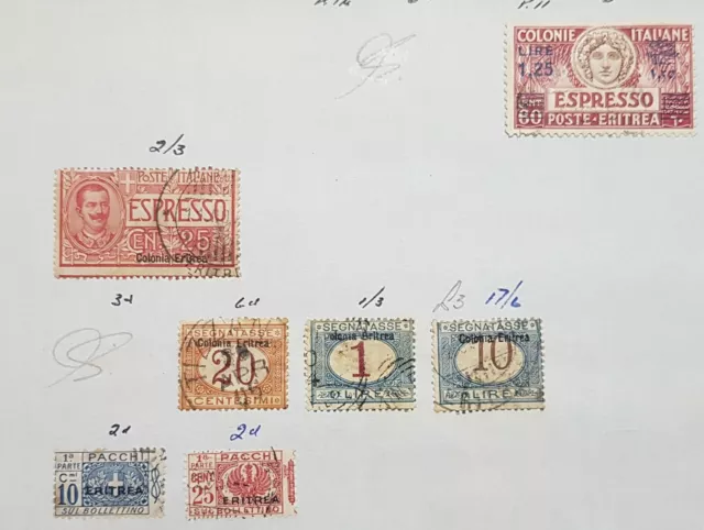 Colonia Eritrea Over prints Lot + Espresso & Postage dues Inc. 1903 10 Lire