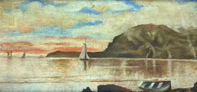 Antique Old Oil Painting American Landscape Nautical Lake Boats Framed Art