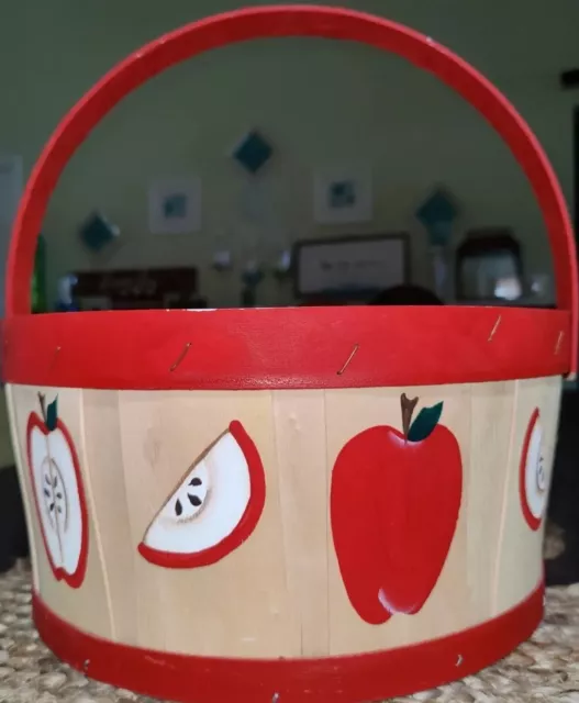 Hand Painted Basket Handle Red Apples Farmhouse Country Kitchen Folk Art