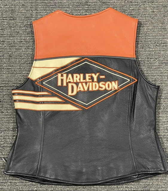 Harley Davidson Womens Leather Vest Large Black Orange Cream Soft Snap Zip Thick