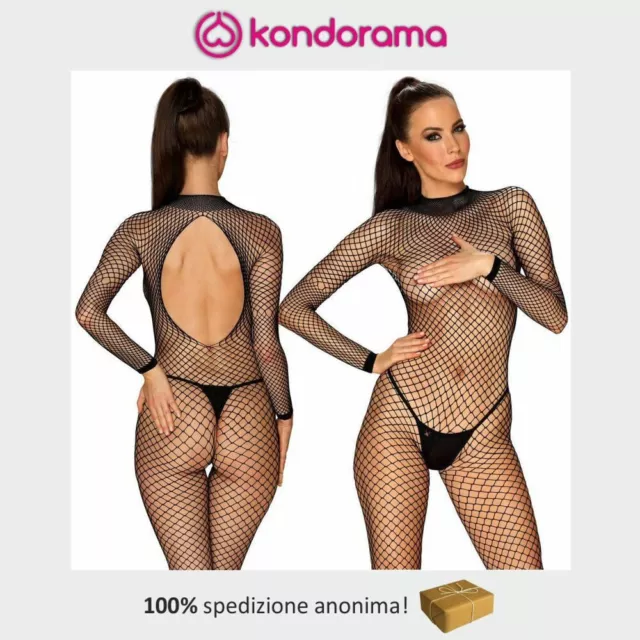 Obsessive catsuit bodystocking tutina sexy donna a rete nera con schiena nuda